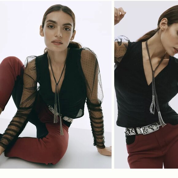 Maeve Tops - Maeve by Anthropologie | NWT Puffed Sheer-Sleeved Blouse in Black Sz. XL